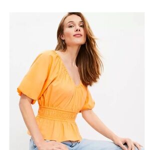 LOFT Gathered Waist V-neck Blouse in Tangerine Dreams